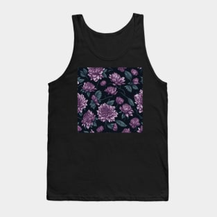 Pink Flower and Leaves Pattern on Black Tank Top